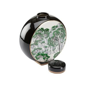 Wildwood Matsu Chinoiserie Ceramic Vase With Removable Lid — Green & White Landscape, Gold Accents, Elegant Decor 8h x 7w x 3d 302434