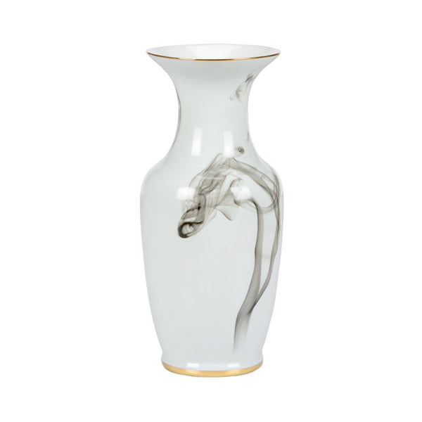 Wildwood White Porcelain Cinder Smoke Vase With Hand-Painted Black Smoke Motif And Metallic Gold Trim For Modern Spaces 19h x 8.5w x 8.5d 302435