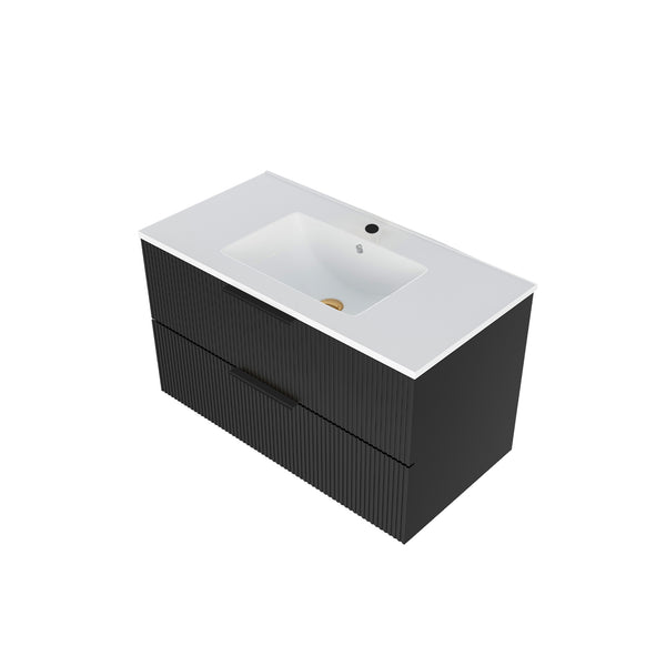 English Elm 36 Floating Bathroom Vanity with Ceramic Sink, Wall-Mounted 36" Modern Fluted Cabinet with Quiet Drawers Matte Black 38.18 L x 22.83 W x 7.48 H W3520S00003