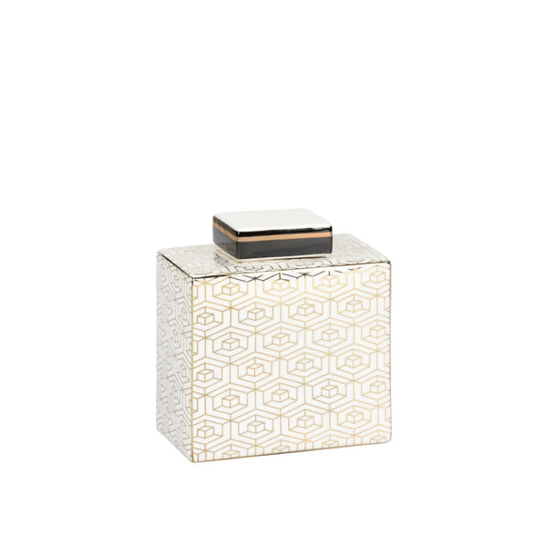 Wildwood Clara White Glazed Porcelain Canister With Gold Geometric Accent — Rectangular Decorative Storage 302440