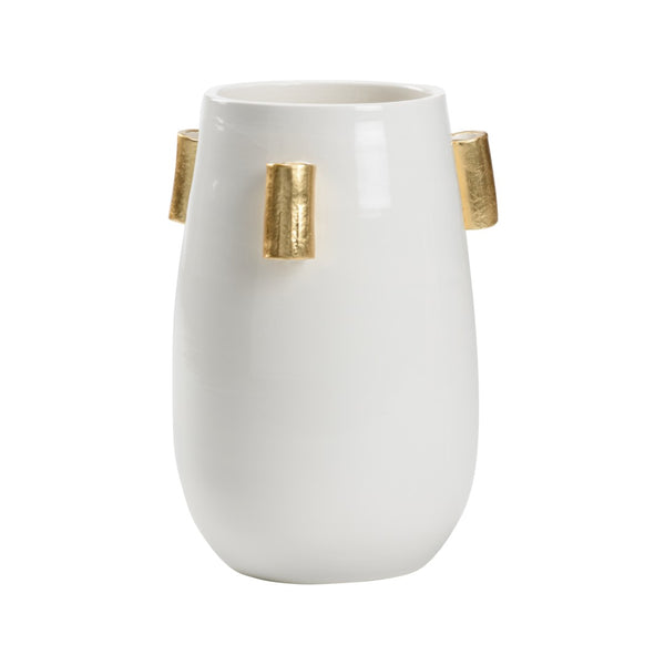 Wildwood Blanco Handcrafted Italian Ceramic Vase With Gold Leaf Handles, 20" Sculptural White Centerpiece 302485