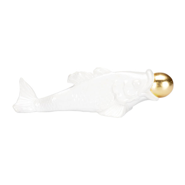Wildwood Imperial Handcrafted Koi Sculpture — Italian White Glaze With Gold Leaf Accent For Lucky Decor (96) 302492