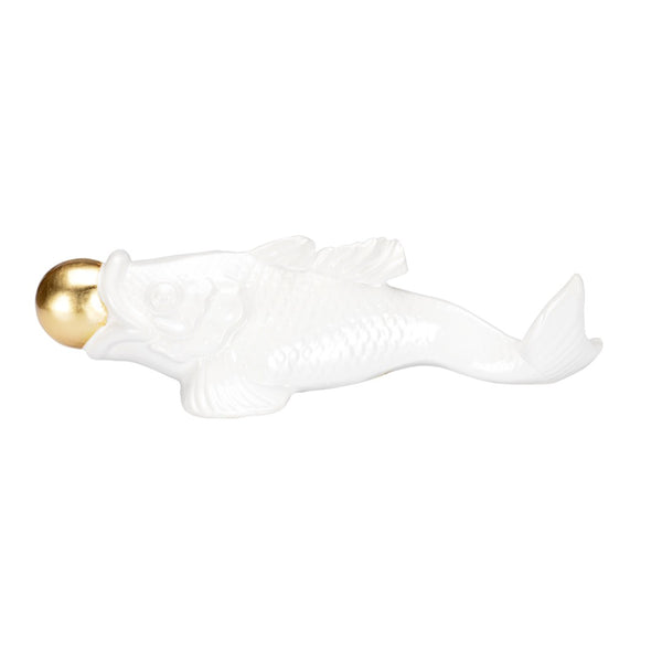 Wildwood Imperial Handcrafted Koi Sculpture — Italian White Glaze With Gold Leaf Accent For Lucky Decor (96) 302492