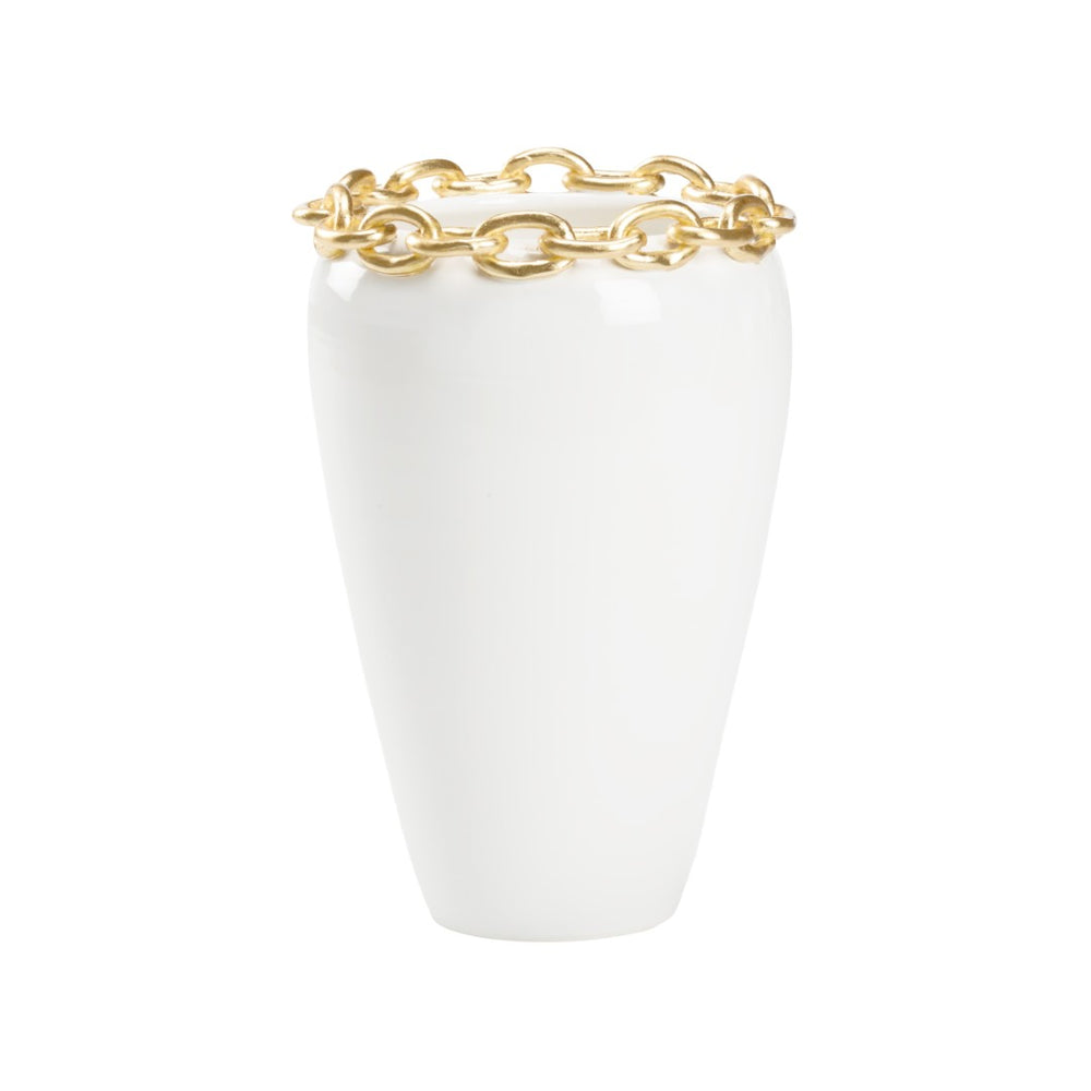 Wildwood Shackleford Italian White Glazed Ceramic Vase With Sculpted Gold Leaf Chain — Hand-Finished 16" H 302493