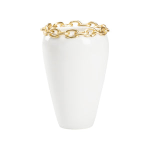 Wildwood Shackleford Italian White Glazed Ceramic Vase With Sculpted Gold Leaf Chain — Hand-Finished 16" H 302493