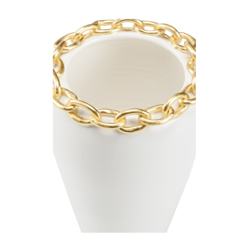 Wildwood Shackleford Italian White Glazed Ceramic Vase With Sculpted Gold Leaf Chain — Hand-Finished 16" H 302493