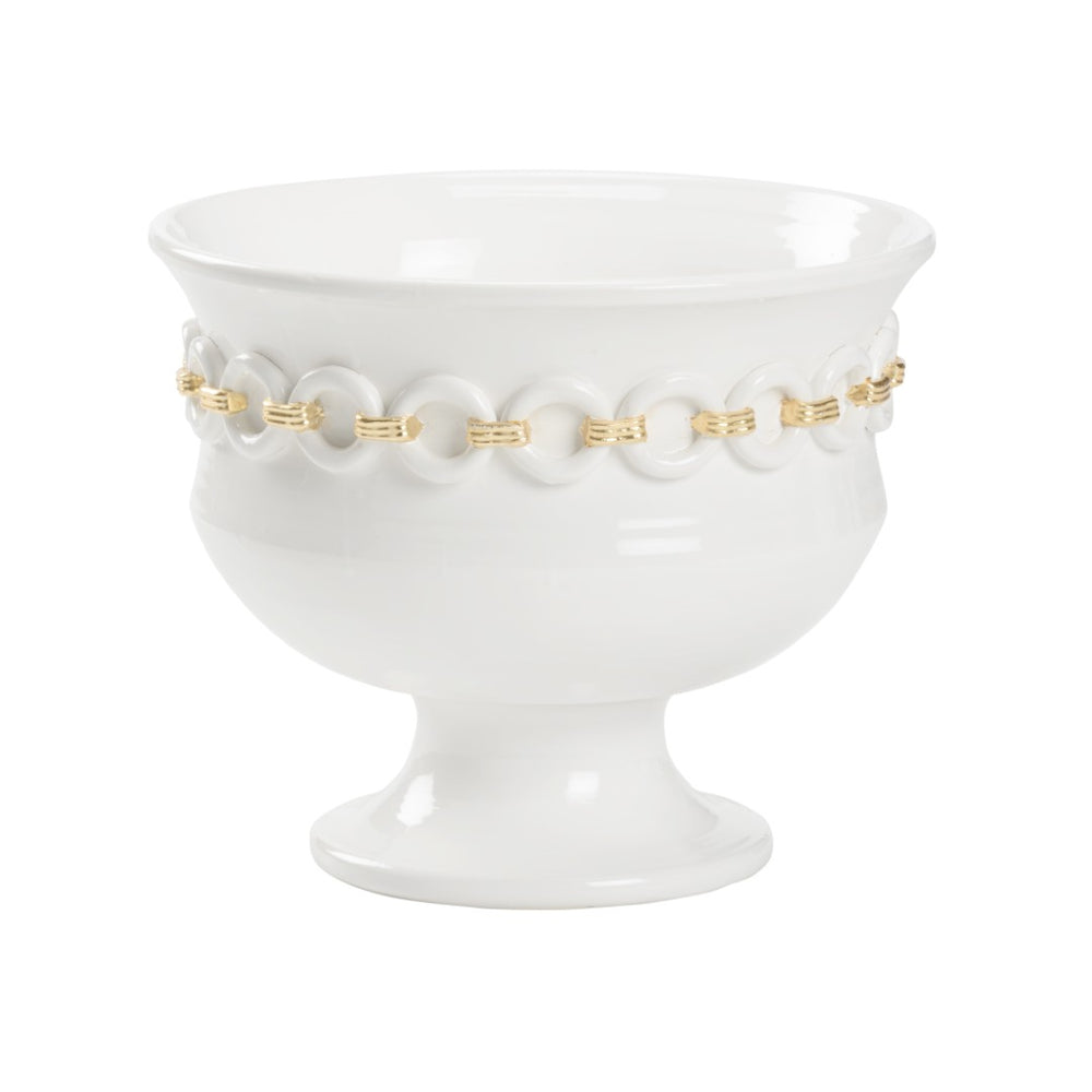 Wildwood Shackleford Italian Ceramic Planter — 13.5" H White Glaze With Gold Leaf Chain Motif, Luxe Accent 302496