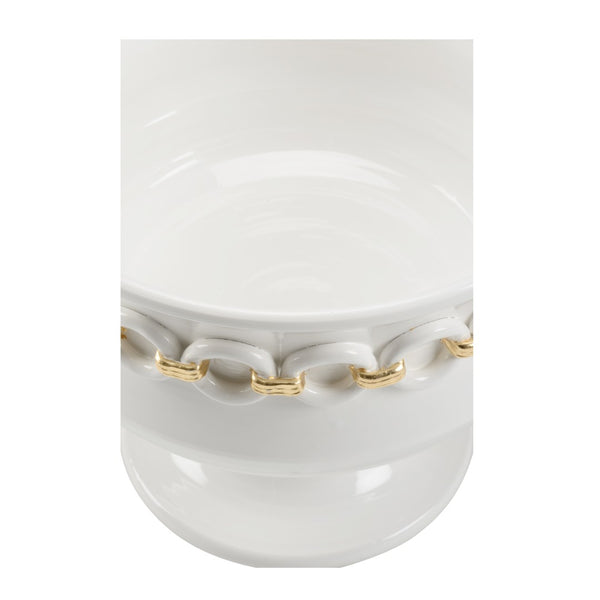 Wildwood Shackleford Italian Ceramic Planter — 13.5" H White Glaze With Gold Leaf Chain Motif, Luxe Accent 302496
