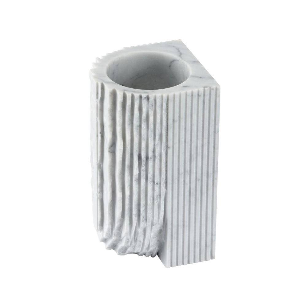 Wildwood Gwyn Marble Vase — Solid Carrera Sculptural Accent With Hand-Carved Notches, Polished White Veining Finish 302521