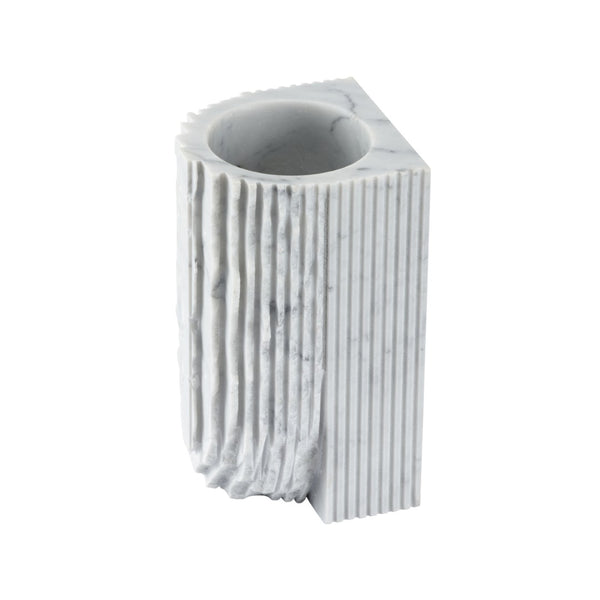 Wildwood Gwyn Marble Vase — Solid Carrera Sculptural Accent With Hand-Carved Notches, Polished White Veining Finish 302521