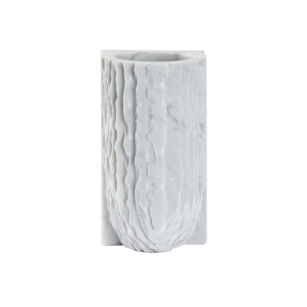 Wildwood Gwyn Marble Vase — Solid Carrera Sculptural Accent With Hand-Carved Notches, Polished White Veining Finish 302521