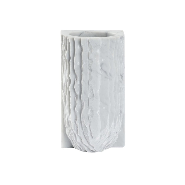 Wildwood Gwyn Marble Vase — Solid Carrera Sculptural Accent With Hand-Carved Notches, Polished White Veining Finish 302521