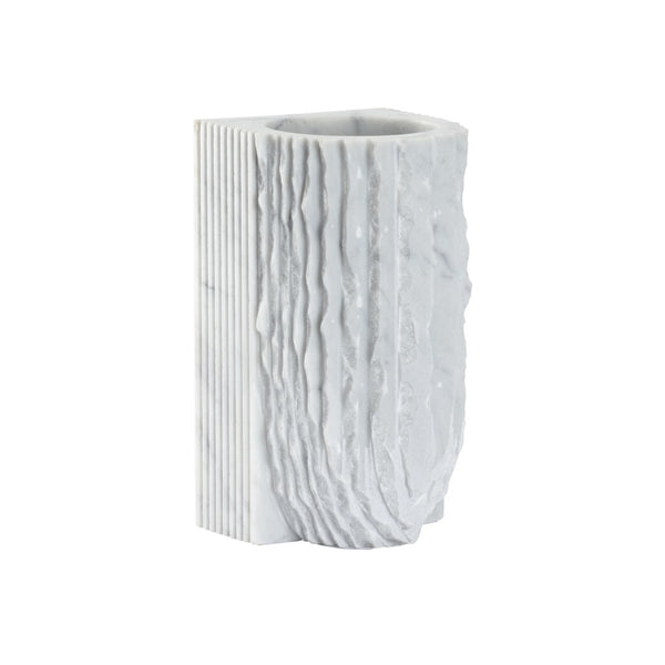 Wildwood Gwyn Marble Vase — Solid Carrera Sculptural Accent With Hand-Carved Notches, Polished White Veining Finish 302521
