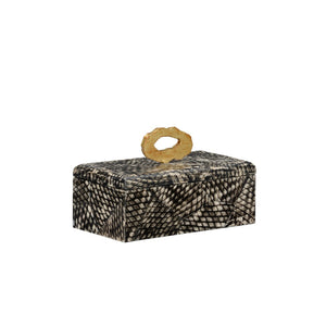 Wildwood Nazare Sculptural Storage Box With Black Fish-Scale Texture And Brass Handle — Elegant Lidded Decor For Tabletop 5.5h x 9w x 5d 302530