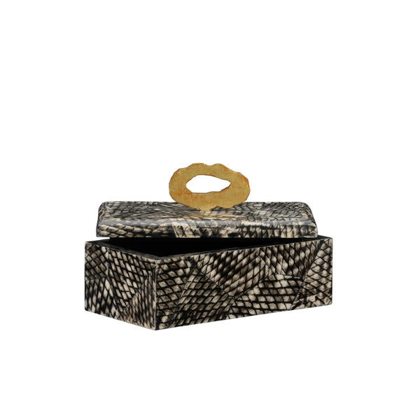 Wildwood Nazare Sculptural Storage Box With Black Fish-Scale Texture And Brass Handle — Elegant Lidded Decor For Tabletop 5.5h x 9w x 5d 302530