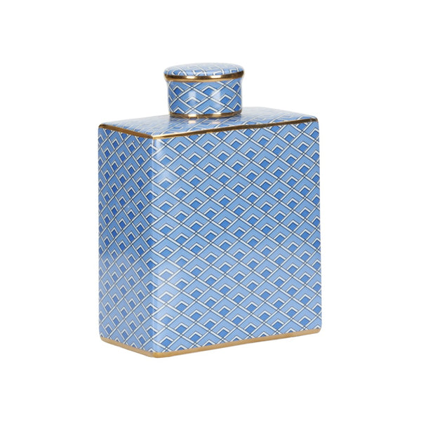 Wildwood Kelly Ceramic Jar With Blue Geometric Pattern And Metallic Gold Accents — Sculptural Luxe Accent Piece 9h x 6.5w x 3.75d 302551