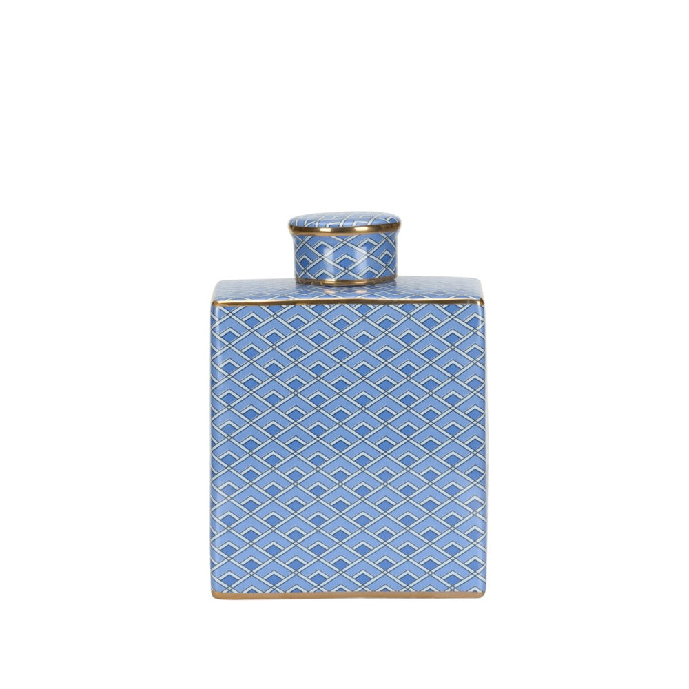 Wildwood Kelly Ceramic Jar With Blue Geometric Pattern And Metallic Gold Accents — Sculptural Luxe Accent Piece 9h x 6.5w x 3.75d 302551