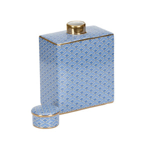 Wildwood Kelly Ceramic Jar With Blue Geometric Pattern And Metallic Gold Accents — Sculptural Luxe Accent Piece 9h x 6.5w x 3.75d 302551