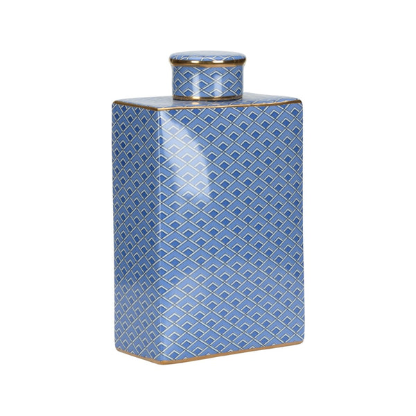 Wildwood Kelly Ceramic Jar With Blue Geometric Pattern And Metallic Gold Accents — Sculptural Luxe Accent Piece 12h x 7w x 3.75d 302552