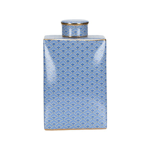 Wildwood Kelly Ceramic Jar With Blue Geometric Pattern And Metallic Gold Accents — Sculptural Luxe Accent Piece 12h x 7w x 3.75d 302552