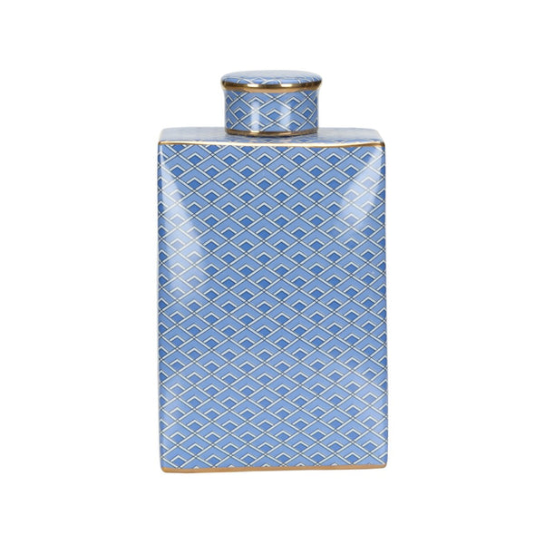 Wildwood Kelly Ceramic Jar With Blue Geometric Pattern And Metallic Gold Accents — Sculptural Luxe Accent Piece 12h x 7w x 3.75d 302552