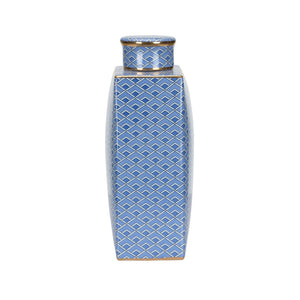 Wildwood Kelly Ceramic Jar With Blue Geometric Pattern And Metallic Gold Accents — Sculptural Luxe Accent Piece 12h x 7w x 3.75d 302552