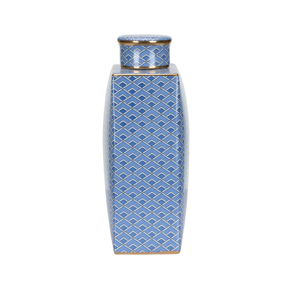 Wildwood Kelly Ceramic Jar With Blue Geometric Pattern And Metallic Gold Accents — Sculptural Luxe Accent Piece 12h x 7w x 3.75d 302552