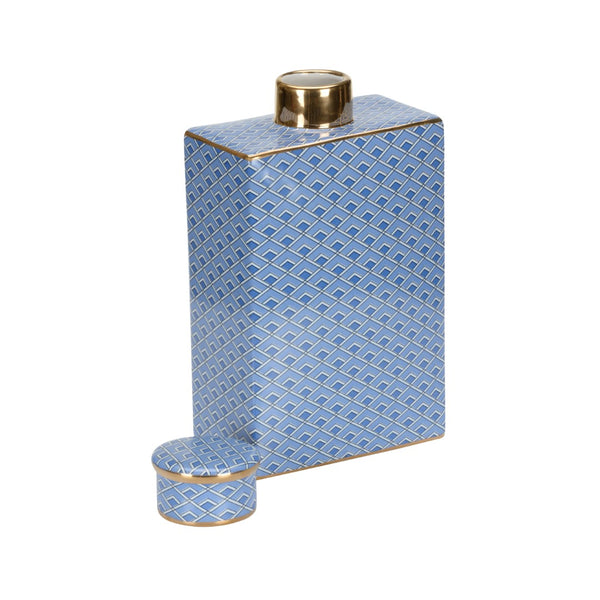 Wildwood Kelly Ceramic Jar With Blue Geometric Pattern And Metallic Gold Accents — Sculptural Luxe Accent Piece 12h x 7w x 3.75d 302552