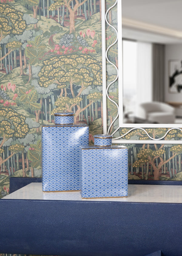 Wildwood Kelly Ceramic Jar With Blue Geometric Pattern And Metallic Gold Accents — Sculptural Luxe Accent Piece 12h x 7w x 3.75d 302552