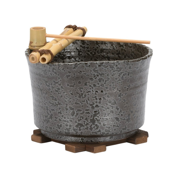 Wildwood Shokubutsu Handcrafted Kuro Vessel With Bamboo Trivet & Watering Tools — Shiga Ceramic For Succulents 302563