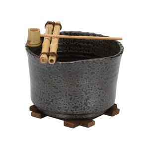 Wildwood Shokubutsu Handcrafted Kuro Vessel With Bamboo Trivet & Watering Tools — Shiga Ceramic For Succulents 302563