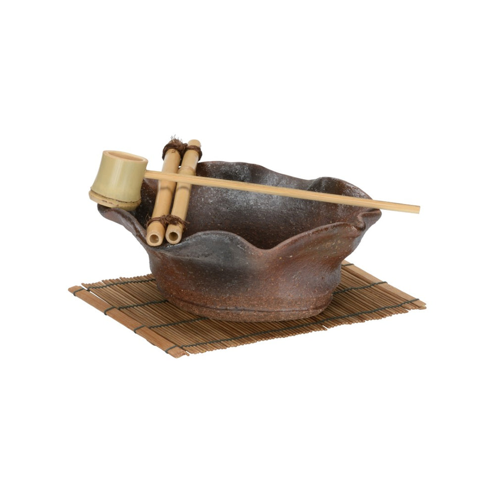 Wildwood Shokubutsu Hand-Turned Ao Vessel From Shiga Kilns — Ceramic Succulent Display With Bamboo Trivet & Tools 302568