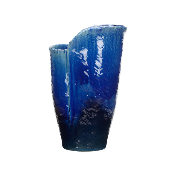 Wildwood Okinawa Deep Indigo Vase With Textured Broken Rim — 20.5" Sculptural Ceramic Centerpiece For Modern Spaces 302570