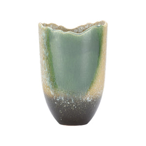 Wildwood Gizagiza Handcrafted Shiga Vase — Jagged Rim Ceramic Accent From Historic Japanese Kilns, Green/Cream 302573