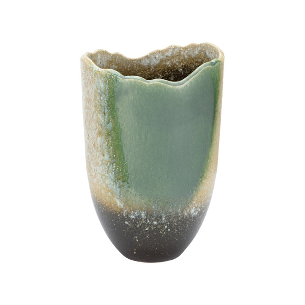 Wildwood Gizagiza Handcrafted Shiga Vase — Jagged Rim Ceramic Accent From Historic Japanese Kilns, Green/Cream 302573