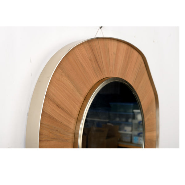Wildwood Pith Teak Curved Mirror With Brushed Nickel Trim — Handcrafted Statement Piece To Brighten Entryways 302597