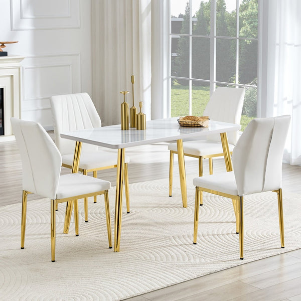 English Elm Table and Chair Set Marble Glass Top Gold Legs Modern Dining for Small Spaces W1151S04637