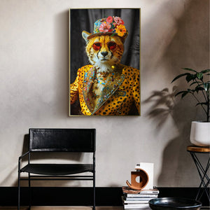 English Elm Abstract Cheetah Canvas Art in Gold Leopard Suit with Sunglasses and Flower Hat – Modern Wall Decor for Home Office W3374P322233