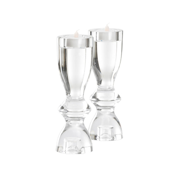 Wildwood Gris Clear Crystal Candlesticks Set Of 2 — 8.5" Turnable Taper, Votive & 1.5" Pillar Holders, Elegant Mantel Centerpiece 302621
