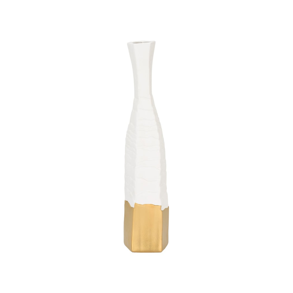 Wildwood Himari Slim White Vase With Textured Detail & Metallic Gold Base — Modern 22" Accent For Shelves 302628