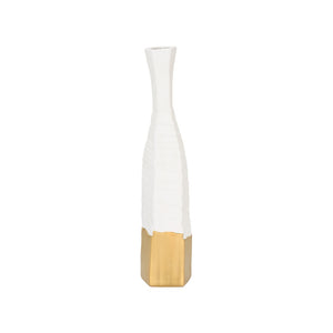 Wildwood Himari Slim White Vase With Textured Detail & Metallic Gold Base — Modern 22" Accent For Shelves 302628