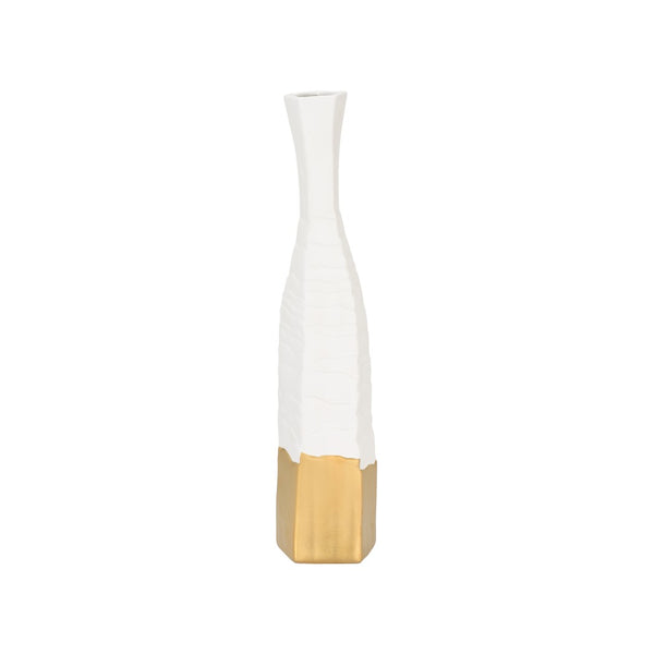 Wildwood Himari Slim White Vase With Textured Detail & Metallic Gold Base — Modern 22" Accent For Shelves 302628