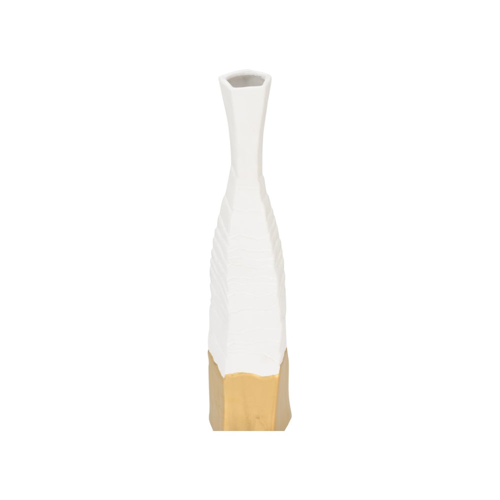 Wildwood Himari Slim White Vase With Textured Detail & Metallic Gold Base — Modern 22" Accent For Shelves 302628