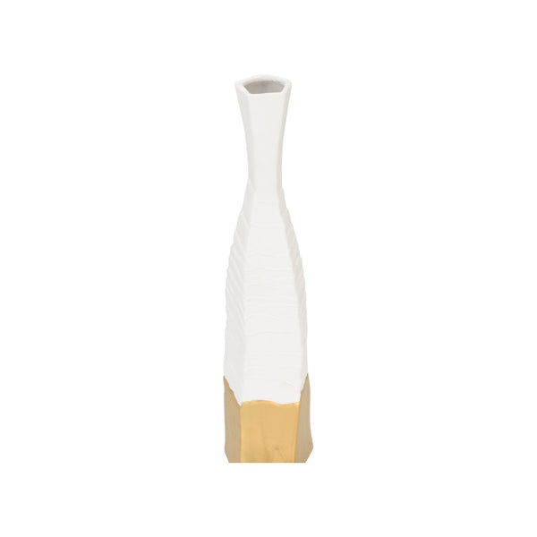 Wildwood Himari Slim White Vase With Textured Detail & Metallic Gold Base — Modern 22" Accent For Shelves 302628
