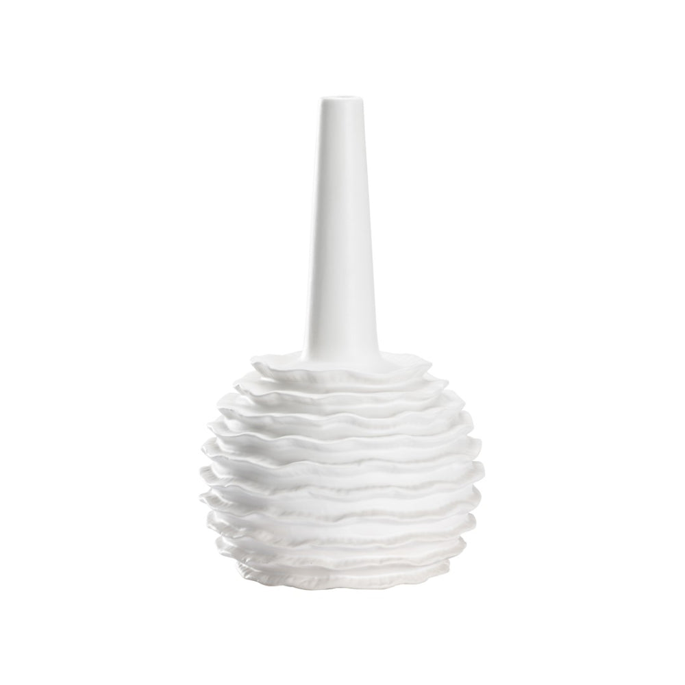 Wildwood Piper Sculptural Blanca Vase With Ruffled Sphere Base, Matte White Ceramic, Narrow Mouth For Stems 302645