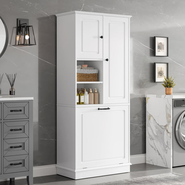 English Elm Tall Storage Cabinet with Flip-Out Basket, Adjustable Shelves & Aluminum Handles for Organized Living White N725P322739K
