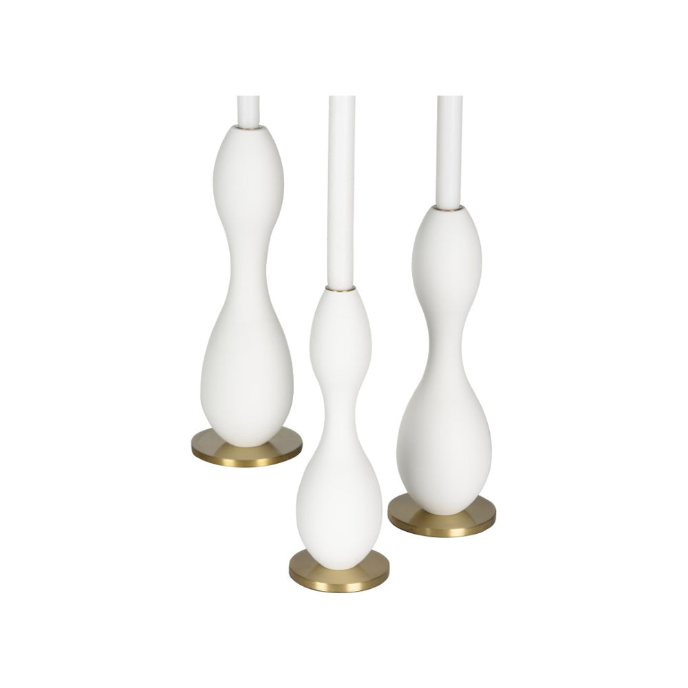 Wildwood Brunswick Resin Candleholders S/3 — Timeless Hourglass White Finish With Antique Brass Bases For Elegant Centerpieces And Mantels 302670