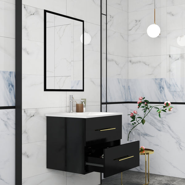 English Elm 24-Inch Modern Wall-Mounted Bathroom Vanity With Sink & Mirror, Elegant Gold Handles, 2 Drawers W3151S00037
