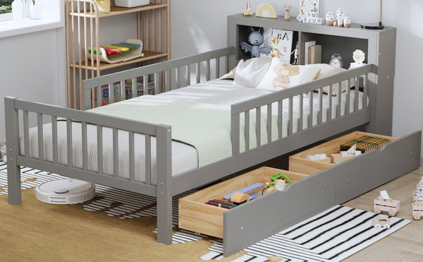 English Elm Twin Size Bed With Headboard Storage, Two Drawers & Safety Guardrails - Stylish Gray Design! N733P272374E-GIGA