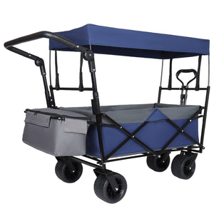 English Elm With Canopy and Steel Frame Collapsible Wagon All-terrain Heavy Duty Outdoor Cart Dark Blue W2932P326777
